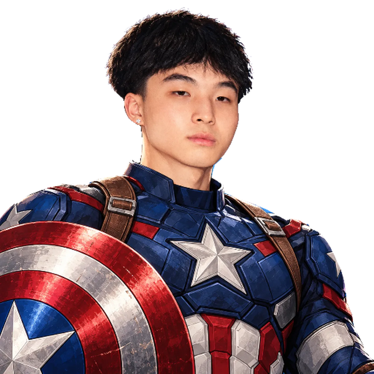 Captain Kimchi in a star-spangled armoured suit, holding a round red, white and blue shield